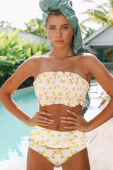 Lemon Smocked Ruffle Trim Bandeau Bikini Top