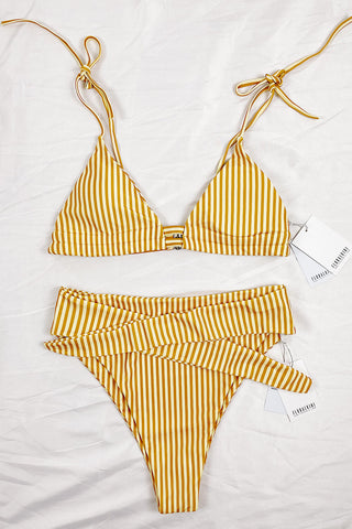 Yellow Striped Bow Tie High Rise Bikini Bottom