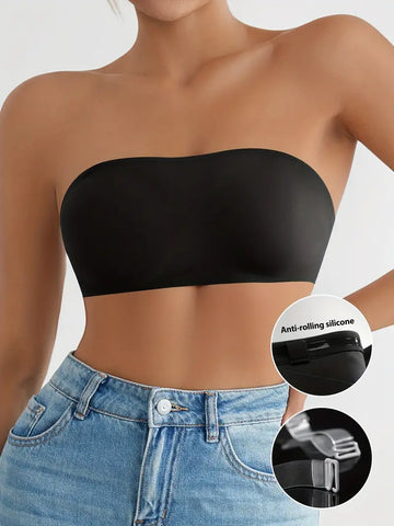 Anti Slip Strip Backless Strapless Wireless Basic Bra Black